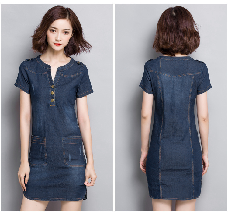 ĐẦM JEAN DÁNG SUÔNG CỔ TRỤ LAI BẦU - NJ201
